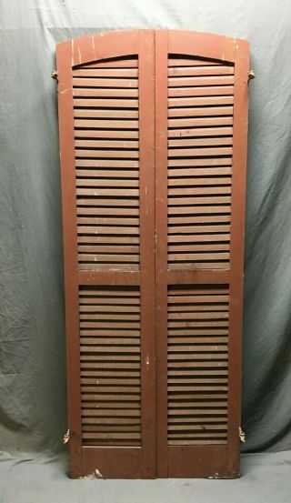 Pair Red Antique Arch Round Top Window Wood Louvered Shutters 15x72 Vtg 682 - 20b