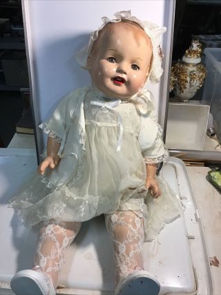 Vintage/antique Composition And Cloth Doll Unmarked 25” With Lacey Dress