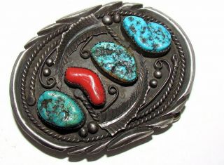 Old Pawn Navajo Belt Buckle Vintage Turquoise Coral Sterling Silver 63 Grams