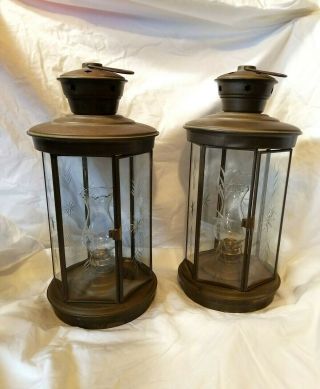 Antique Vintage Pair Tall Brass Hanging Oil Lantern Lamps Etched Glass Victorian