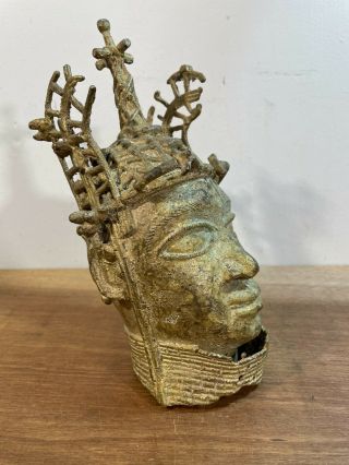 Vintage Tribal Art Benin Bronze Kings Head Bust