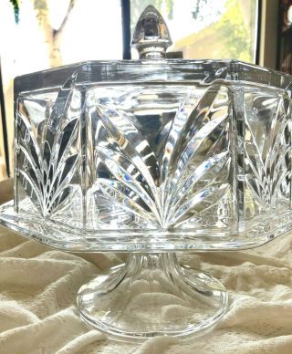 Vintage Czech Hand Cut Glass Heavy Pedestal Cake Plate With Dome Lid.