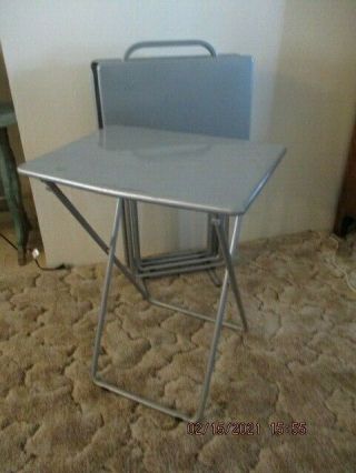 4 Vintage Industrial Metal Farmhouse Gray Folding Tv Trays,  Tables W/ Stand