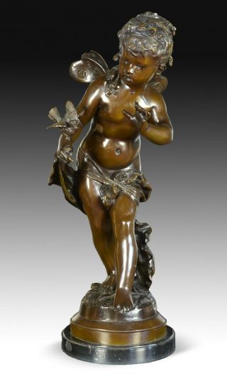 Bronze Sculpture,  " Young Psyche With Bird ".  After Models By L A Moreau