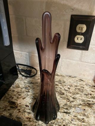 Mid Century Modern Hand Blown Amethyst Five Finger Swung Glass Art Vase