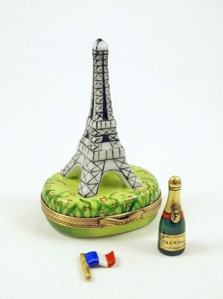 French Limoges Trinket Box Paris Eiffel Tower French Flag & Champagne Bottle