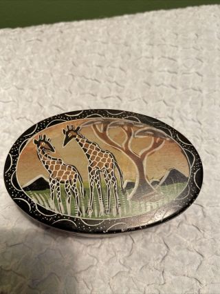 Kenya Hand Carved Soapstone Oval Lidded Trinket Box With Giraffes