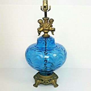 Vtg.  Mid Century Modern Optic Topaz Large Wavy Blue Glass Brass Table Lamp 32 "