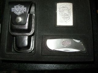Vintage (1997) Zippo Harley - Davidson Gift Set In Box: Knife,  Lighter,  Belt Holde