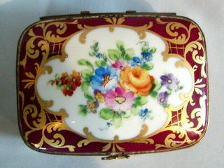 Vintage Le Tallec Limoges Hand Painted Hinged Box Flowers On Puce And Gold