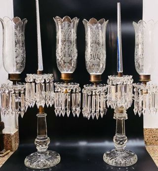 Baccarat Style Crystal Glass Candelabra Lusters Hurricane Shades Pair