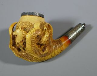 Antique 19th C Silver Mounted Carved Meerschaum Eagle Claw Pipe No Case Or Stem