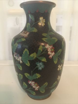 Vintage 9 " Brass Urn Vase Cloisonné Floral Design Finish