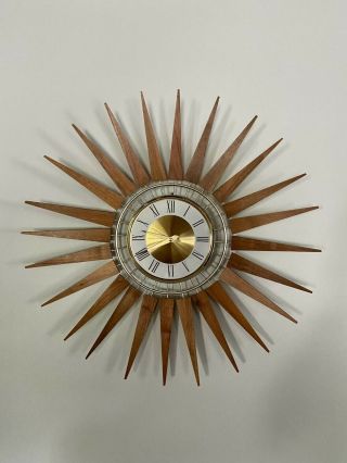Mid - Century Seth Thomas 1950s Sunburst Clock In Brass And Teak