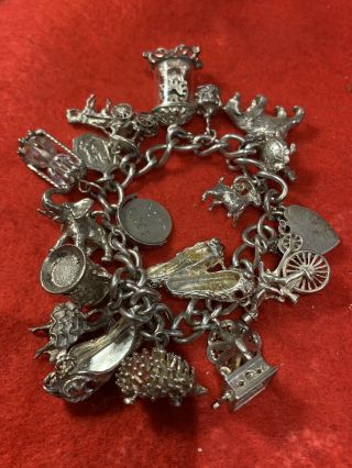 Vintage Antique 18 Charms Bracelet In Sterling Silver 64grams
