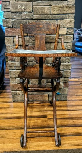 Antique Victorian Oak Convertible High Chair And Stroller | Leather