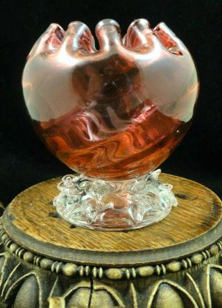 Antique Victorian Bohemian Cranberry Floriform Art Glass Rose Bowl Vase,  Thorns