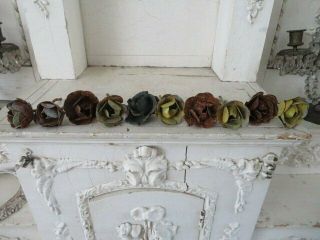 10 Fabulous Old Vintage Metal Italian Tole Roses Stems Chippy Rusty Patina