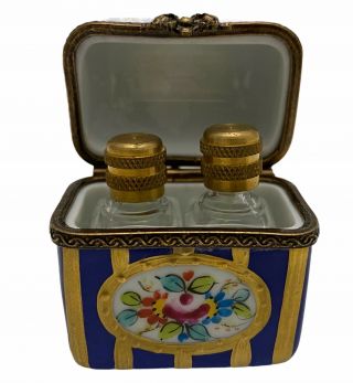 Limoges French Trinket Box Peint Main Case With Perfume Bottles Vials Blue Gold