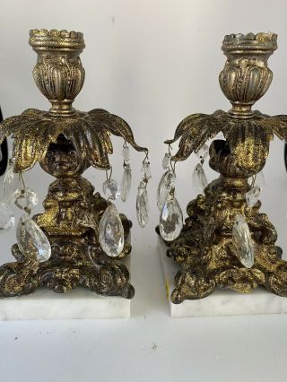 Set Of 2 Brass Gold Gilded Candle Holders With Crystal Prisms On Marble Base