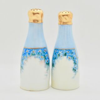 Vintage Handpainted Ceramic Blue Floral Salt & Pepper Shakers With Gold Tops