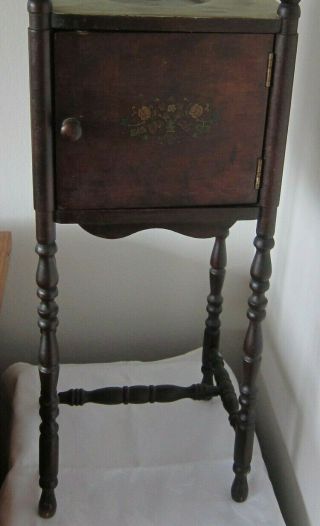 Vintage Turned Wood Smoking Table With Floral Panel - 27.  5 In.  Tall