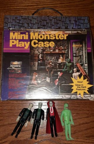 Vintage 1980 Remco Universal Mini Monster Play Case And Four Figures