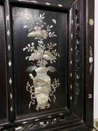 Vintage Chinese Carved Wood Mother of Pearl Inlaid Wall Plaque Panel Sculpture 3