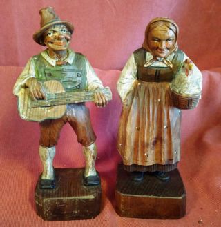 Pair Set Of Two 2 Old Vintage Italian Wood Carving Statue Man Woman Art Wooden