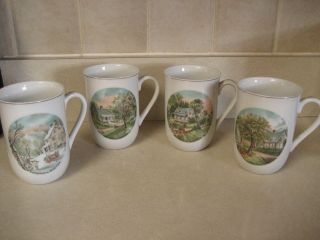Currier & Ives Coffee Cups 4 Seasons Japan Porcelain Tea Mugs Vintage Set
