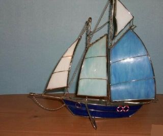 Handmade Metal Model Sail Boat With Blue And White Sails