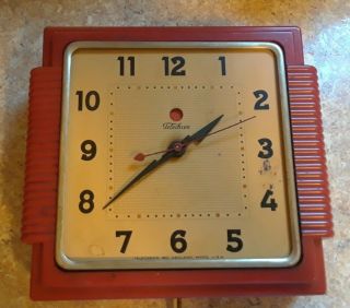 Vintage Telechron Wall Clock Red Color Np - 319 Art Deco Kitchen Clock Keeps Time