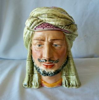 Old Majolica Arabic Head Tobacco Jar / Humidor W Elaborate Green Head Wrap