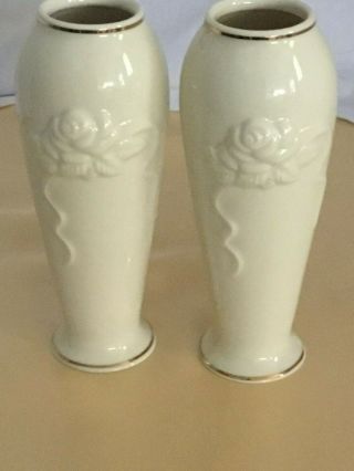 Lenox Vtg.  Embossed Rose Bud Vases Cream W/ Gold Trim (2) 6 "