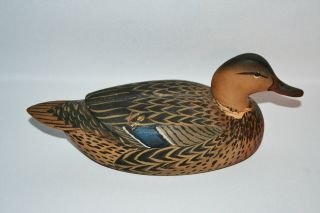 Vintage 1967 Oliver Lawson Balsa Wood Mallard Duck Hen Decoy Poorly Repaired