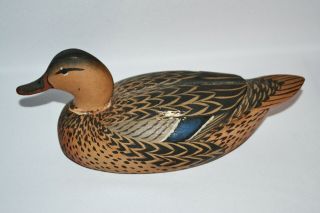 Vintage 1967 Oliver Lawson Balsa Wood Mallard Duck Hen Decoy Poorly Repaired 3