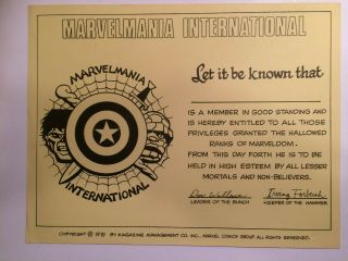 Marvelmania International Fanclub Membership Card,  1970,  Unsigned