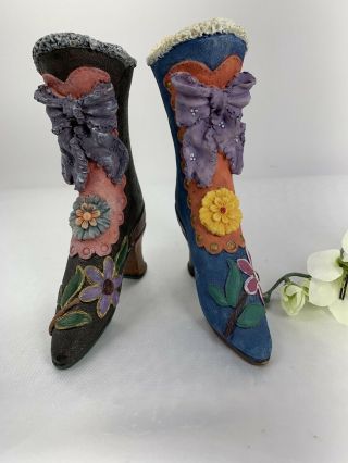 Set Of 2 Miniature Victorian Resin Ceramic Boots Decorated With Colorful Flowers