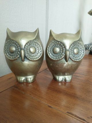 Solid Brass Owl Bookends Vintage Mid Century Modern Owls Big Eyes 6.  25 "
