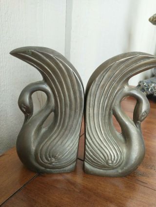 Solid Brass Swan Bookends Vintage Mid Century Modern 7 " Tall