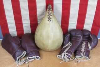 Vintage 1940s Nokona Leather Boxing Punching Speed Bag & 2 Pair Ken Wel Gloves