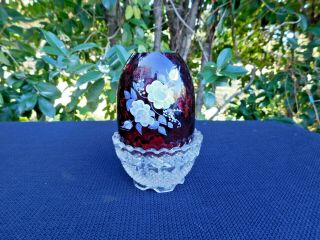 Fenton Glass Ruby Red Hand - Painted Fairy Light/candle Votive Flowers Rare Clear