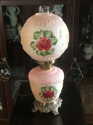 Gone With The Wind Lamp Embossed Milk Glass Hand Painted Vintage Floral Red Rose