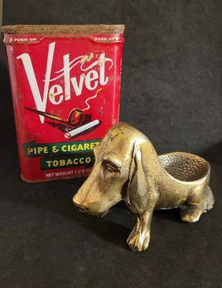Vintage Brass Bassett Hound Dog Pipe Holder Plus Vintage Velvet Tobacco Tin
