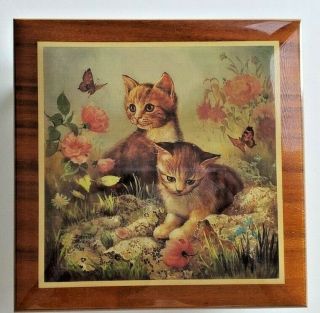 Vintage Reuge Lacquered Swiss Music Box Rare Cats In The Garden - Song Born