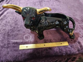 Vintage Large Ceramic Black Gold Leaf Bull Horns Red Eyes Planter 15 " X 10 " X 6 "