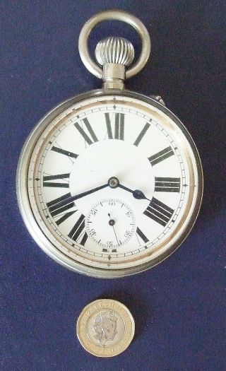 Antique Goliath Pocket Watch 8 Day Jeweled Movement All - Round Very Good.