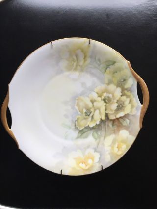 Antique Porcelain Cake Plate Hand Painted Flowers Signed By Artist W/ Hanger