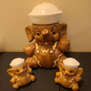 Vintage 1960 Twin Winton Elephant Sailor Cookie Jar With Salt N Pepper Shakers
