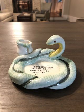Vintage Ceramic Snake Ashtray & Match Holder " A Pot To Hiss In " Made In Japan